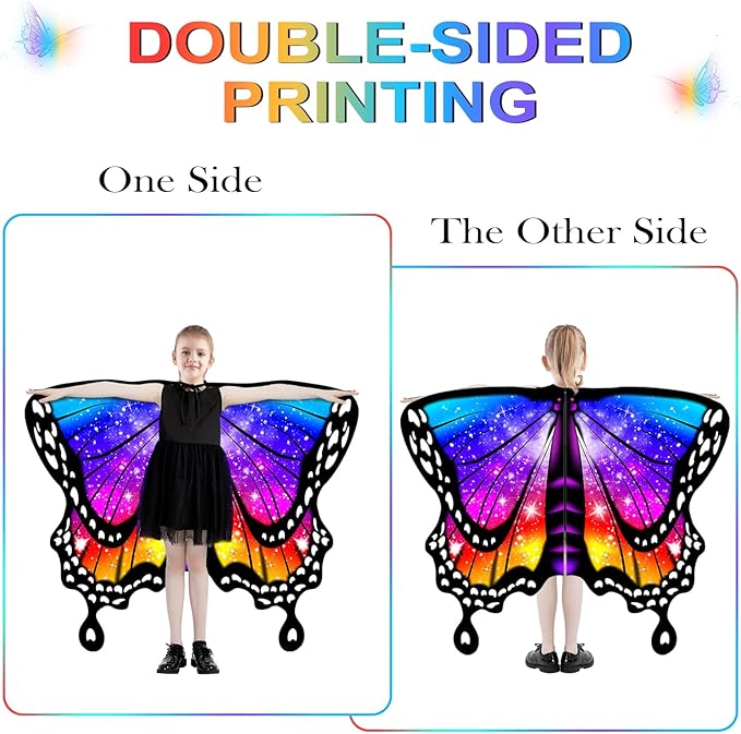 Butterfly Wings For Girls, Double-Sided Fairy Wings, Halloween Costumes for Kids, 3PCS Butterfly Cape Set.
