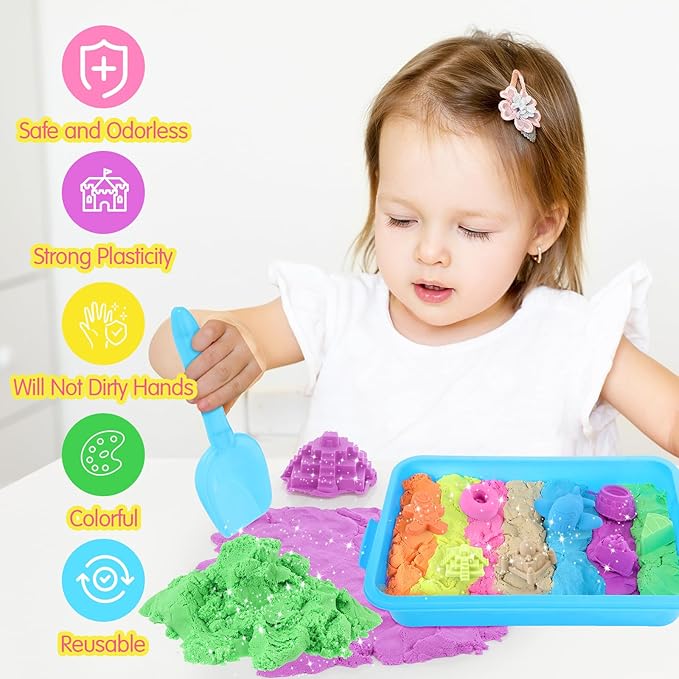 Simgoing 7.7LB Sand Kits for Kids Sensory Sand Toy with Sensory Bin and Sand Shovel for Sandbox Sensory Sand Bulk for Girls and Boys (7 Colors)