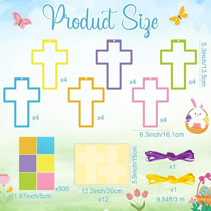 Tinlade 24 Set Happy Easter Suncatcher Craft Kit Religious Cross Suncatcher Craft Window DIY Tissue Paper Suncatcher Decoration Ornament for Easter Holiday Activities Sunday School VBS Party Favors
