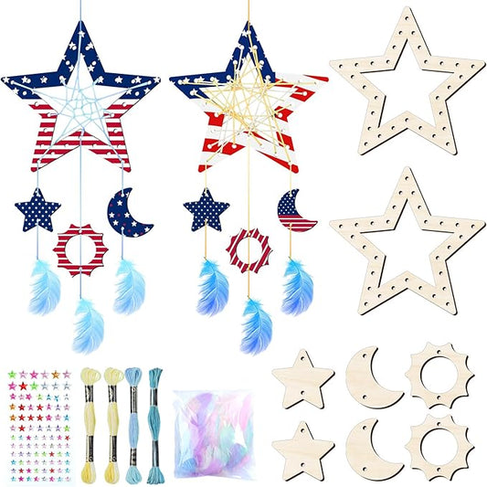 8Pack Star Dream Catcher Kit fot Kids,Unfinished Wood Star Shape Coloring 4th of July Craft DIY Crafts Wooden Patriotic Star Ornaments for Home Classroom Decorations Independence Day Party Favors
