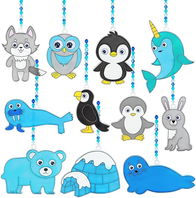 Winlyn 33 Sets Winter Polar Animal Suncatchers Ornaments Decorations DIY Window Paint Art Suncatchers Winter Craft Kits Winter Sun Catchers for Kids Christmas Holiday Classroom Activities Art Project