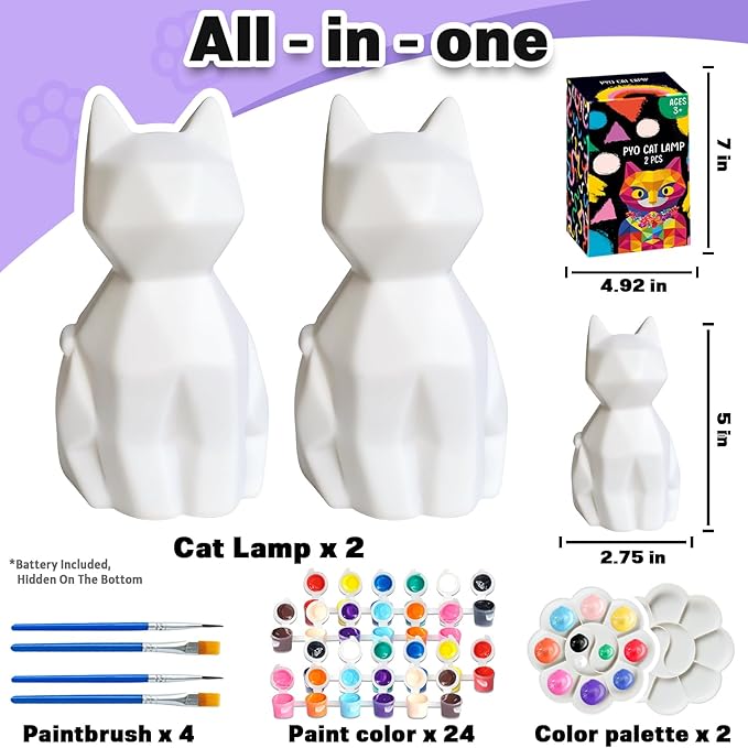 FUNZBO 2Pcs Paint Your Own Cat Lamp - Arts and Crafts for Kids Teens Adults, Art Supplies Painting Kits, Halloween Toy Gift for Girl Boy Ages 3+ Years Old