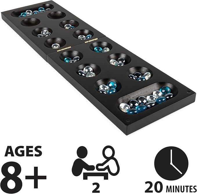 Spin Master Games, Legacy Deluxe Mancala, Classic Game with Folding Wooden Board & Colorful Glass Stones, Family Game, Easter Basket Stuffers, for Ages 8 & Up