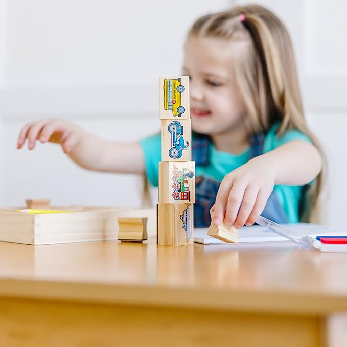 Melissa & Doug Wooden Stamp Set: Vehicles - 10 Stamps, 5 Colored Pencils, 2-Color Stamp Pad