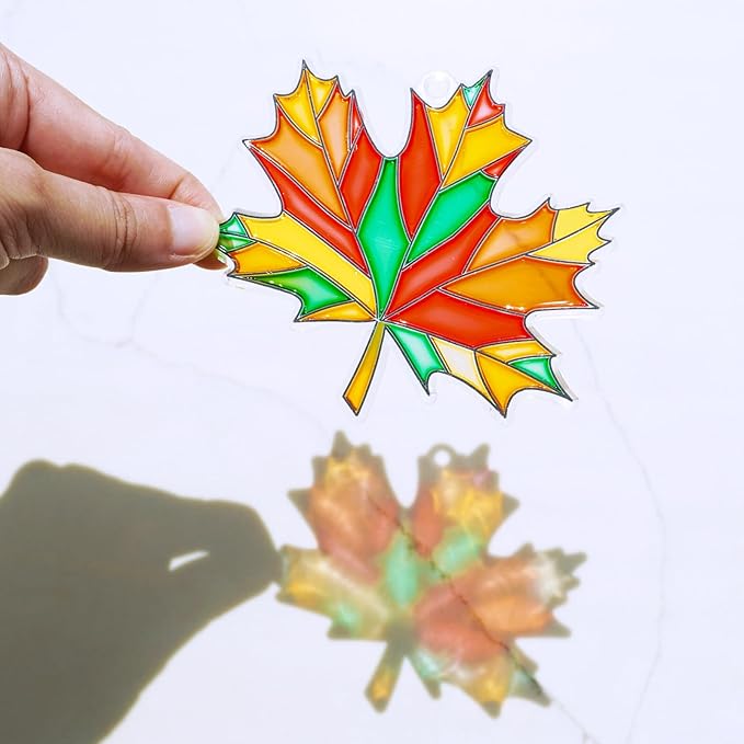 Winlyn 24 Sets Fall Leaf Suncatchers Ornaments DIY Window Paint Art Fall Craft Kits Maple Leaf Sun Catchers Painting Kits for Kids Classroom Activities Art Project Thanksgiving Autumn Party Decoration