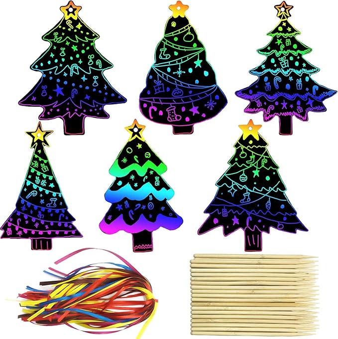 PARSUP 144Pcs Christmas Tree Scratch Paper Rainbow Color Scratch Ornaments Christmas Decorations Hanging Craft Art Kits with Wooden Stick and Ribbon for Kids Christmas Winter Party Favors