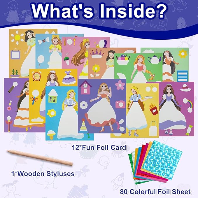 NAYODEUS Art Craft Activity for Kids: Fun Foil Princess & DIY Toy Kit, No Mess Creative Travel Supply Set, Idea Birthday Christmas Valentine Gift for Girl Boy Children.