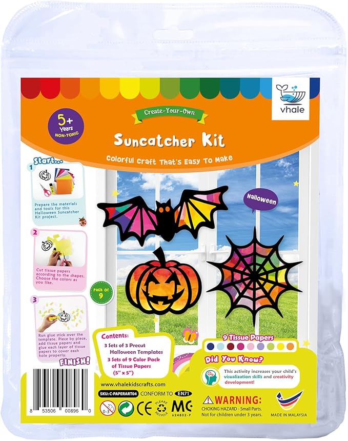VHALE Suncatchers Craft 3 Sets (9 Cutouts) w Tissue Papers Stained Glass Effect Paper Sun Catcher Kit, Window Art, Classroom Crafts, Creative Art Projects, Kids Party Favors (Halloween)