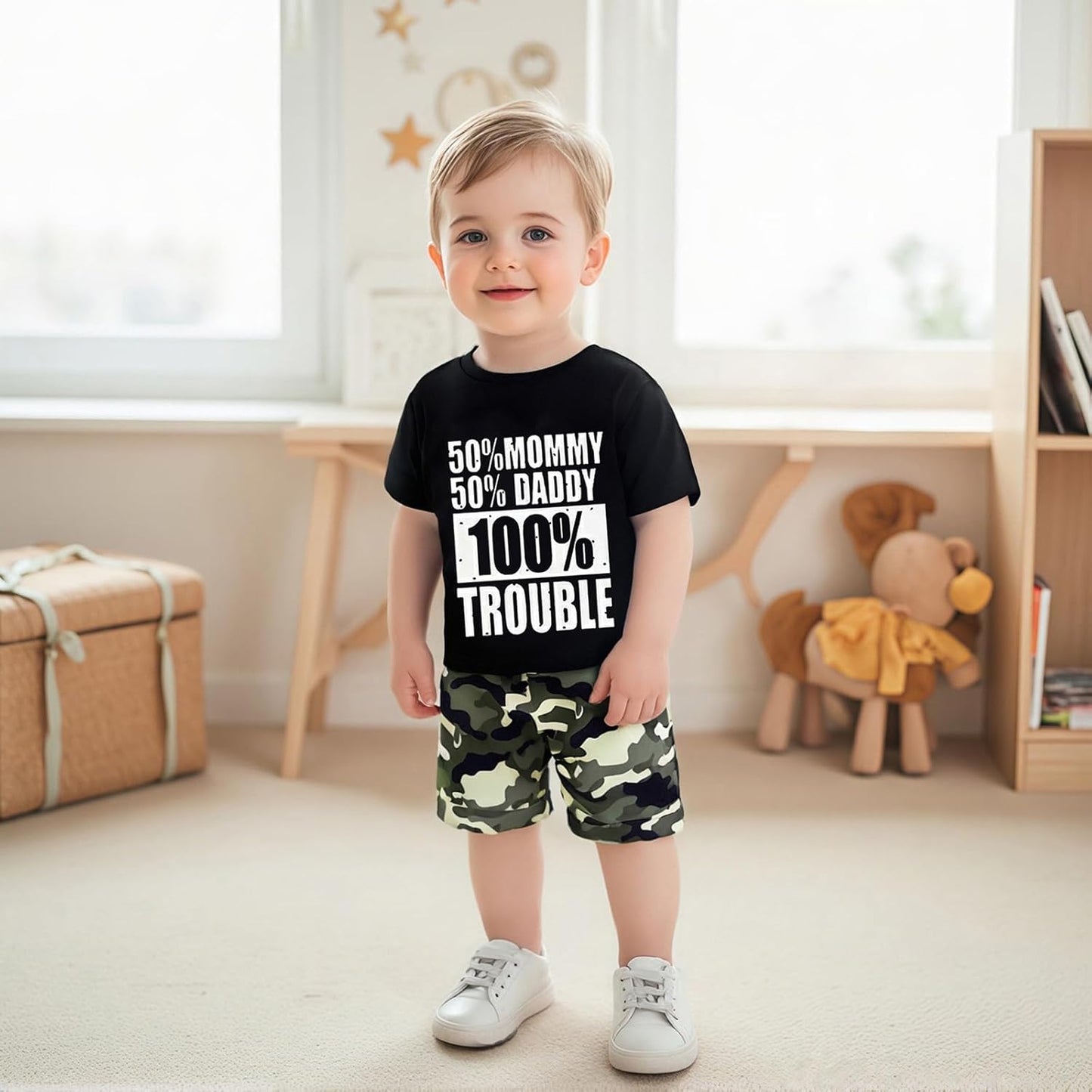 wdehow Toddler Kids Baby Boy Summer Clothes Sets 1T 2T 3T 4T 5T Letter Print Short Sleeve Tops Camouflage Shorts Outfits
