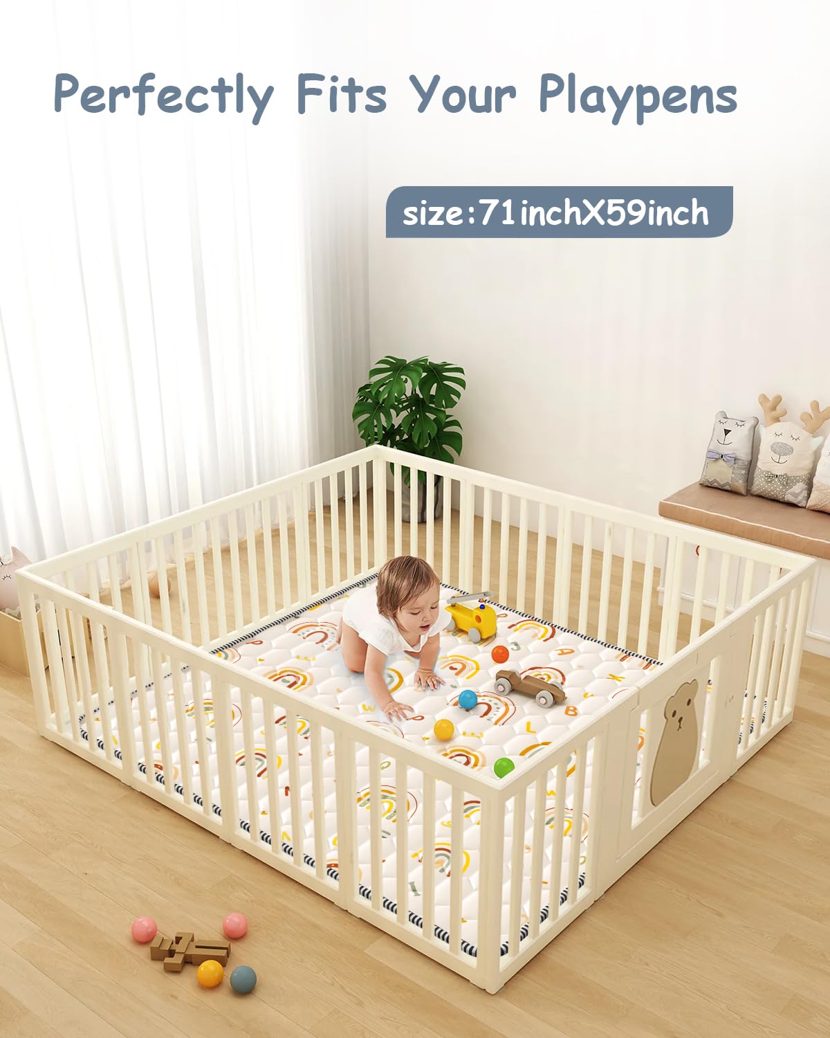 Boho Rainbow Baby Play Mat 71" X 59" Playpen Mat Thicken One-Piece Crawling Mat Non-Slip Cushioned Baby Floor Mat Letter Playmats for Babies Toddlers Infants Tummy Time Activity (71X59,Beige)