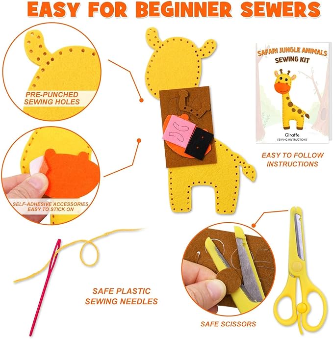 Safari Jungle Animals Sewing Kit Zoo Felt Animal DIY Crafts for Girls and Boys Educational Nursery Sewing for Kids Art Craft Kits for Beginners Set of 10