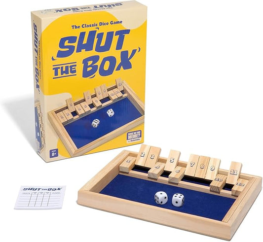 Shut The Box by Relatable, The Classic Choice for Tabletop Games, Math Games, Board Games for Kids and Adults, and Strategy Games, Includes 2 Dice, 1 Wooden Box, 1 Scorepad, and Instructions
