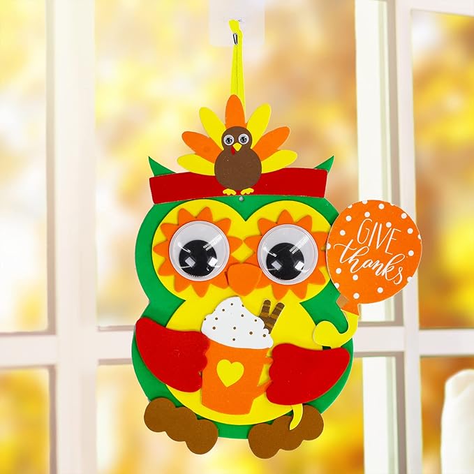 Winlyn 24 Sets Thanksgiving Owl Ornaments Decorations Art Sets DIY Thanksgiving Craft Kits Fall Crafts Pumpkin Sunflower Turkey Foam Stickers Arts and Crafts Googly Eyes for Kids Classroom Activities
