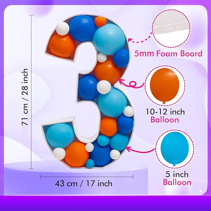 Mosaic Balloon Numbers Frame Marquee Light Up Number 3 Pre-Cut Large Foam Board Sign Cut-out for Boy Girl Birthday Backdrop Anniversary Decoration