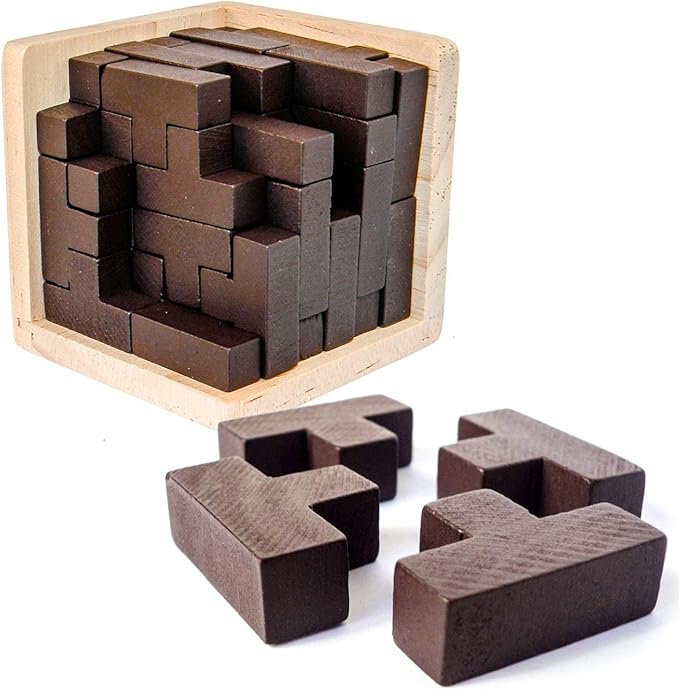 Wooden Brain Teaser Puzzle Cube Easter Basket Stuffers Wooden Puzzles T-Shaped Jigsaw Logic Puzzle Educational Toy for Kids and Adults by AHYUAN (Coffee)
