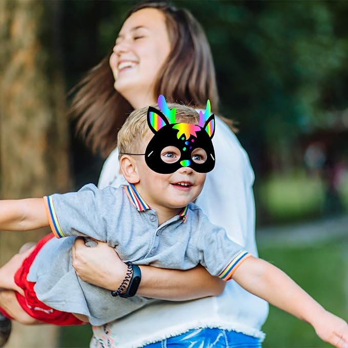 WATINC 32Pcs Scratch Paper Animal Masks, DIY Color Mask for Magic Scratch Party Favors, Birthday Gifts Pack for Children, DIY Art Craft Kit for Kids, 16 Styles with Elastic Bands Wood Stylus