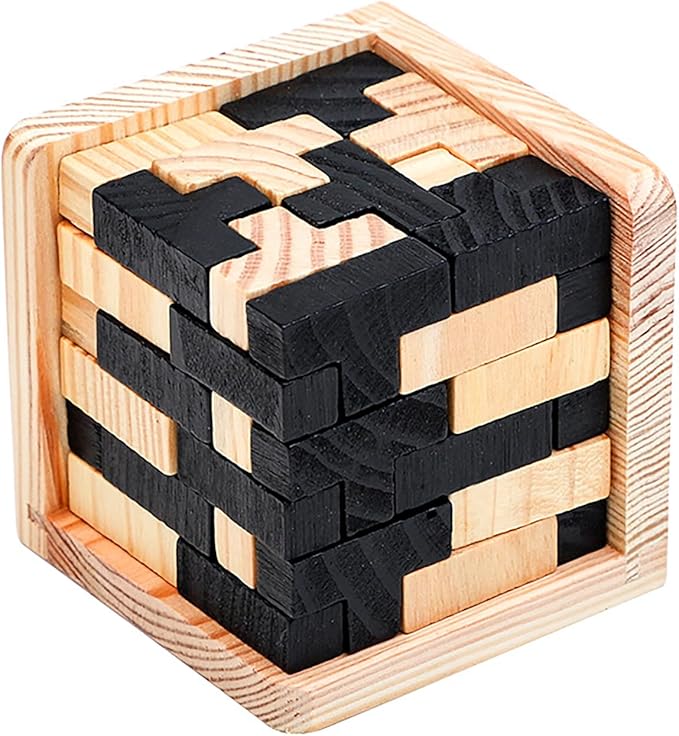 Wooden Brain Teaser Puzzle Cube Easter Basket Stuffers Wooden Puzzles T-Shaped Jigsaw Logic Puzzle Educational Toy for Kids and Adults by AHYUAN (Black and Natural)
