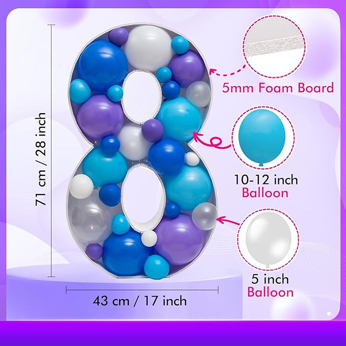 Mosaic Balloon Frame Light Up Numbers 8 Pre-Cut Large Foam Board Sign Cut-Out for Boy Girl 8 Birthday Party Backdrop Anniversary Decoration