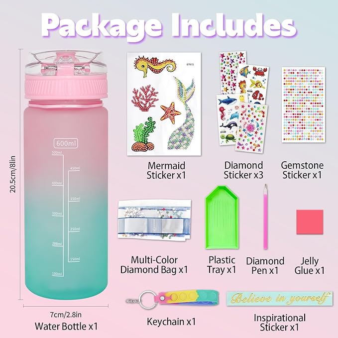 Gifts for Girls 4-12, Decorate Your Own Water Bottle Kits for Girls, Mermaid Diamond Crafts Painting Toys, Kids Water Bottle for School, Valentine's Day and Birthday Gifts Toys for Girls (Mermaid 2)