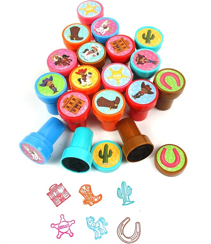 TINYMILLS 24 Pcs Western Black Cowboy Cowgirl Stampers for Kids Birthday Party Goody Bag Filler Pinata Filler
