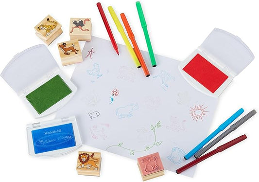 Melissa & Doug Jumbo Deluxe Wooden Stamp Set Animals (40 Stamps, 7 Markers, 3 Colored Ink Pads)
