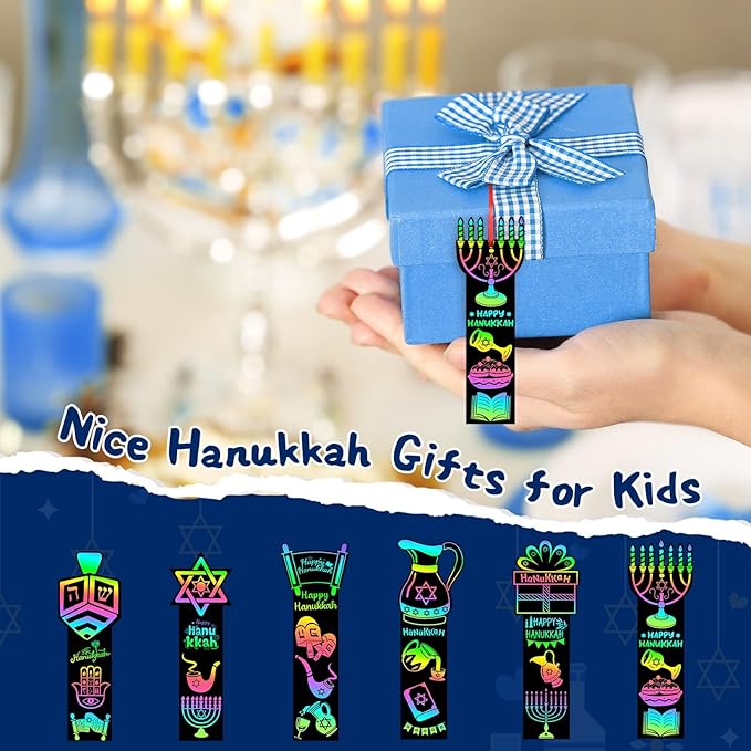 AUGSUN 96Pcs Hanukkah Crafts for Kids, Chanukah Magic Rainbow Scratch Art Bookmarks Hanukkah Gifts for Kids Home Classroom Activities Hanukkah Decorations Party Favors Games Hanging Ornaments