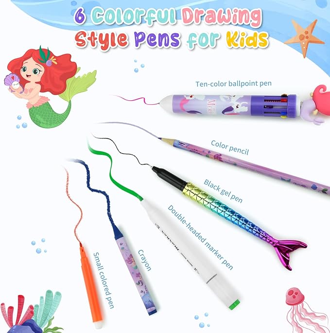 JAMIEWIN Markers Set with Glitter Mermaid Pencil Case, 59 Pcs Art and Craft Supplies Kit for Kids, Mermaid Gifts for Girls 4-9 Year Old for Christmas Birthday