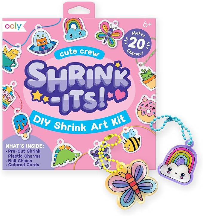 Ooly Shrink-Its 28 PC DIY Shrinking Art Kit That Creates Charms and Tags, Includes 20 Plastic Pre Cut Charms and More, No Mess Art for Kids, DIY Creative Activity, Ideal Party Favor - Cute Crew