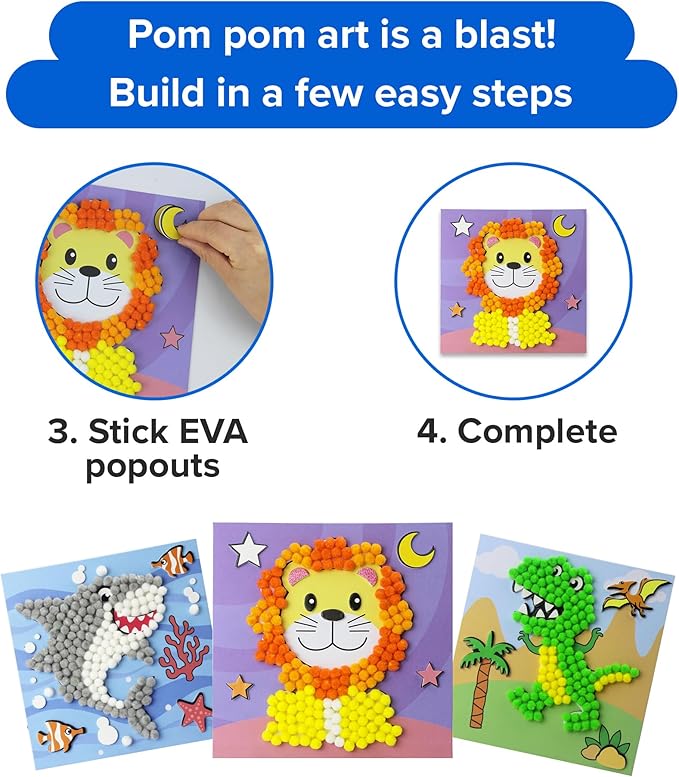 DIY Pom Pom Art - Makes 3 Art Pieces -Boy & Girl Crafts for Kids Age 3-5 - Toddler Crafts Ages 3-5 - Pom Pom Arts and Crafts - Art Projects for Kids 3-5 - (Set 1 -Lion, Shark, Dinosaur)