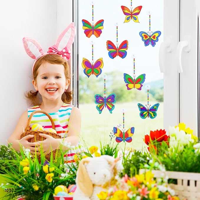Winlyn 27 Sets Butterfly Suncatchers Ornaments Decorations DIY Window Paint Art Suncatchers Butterfly Suncatchers Painting Craft Kits for Kids Classroom Spring Easter Party Activities Art project