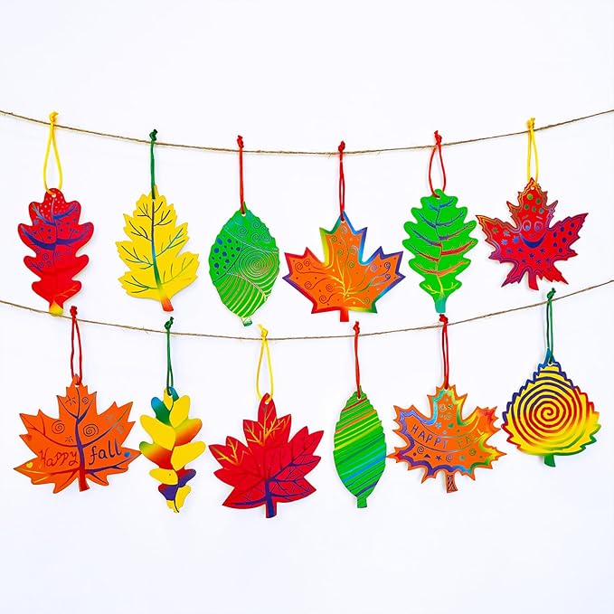 Winlyn 48 Sets 12 Desgins Colorful Magic Color Scratch Fall Leaves Ornaments Decoration Autumn Scratch Art Leaves Fall Leaf Craft Kits for Kids Halloween Thanksgiving Classroom Activities Party Favors