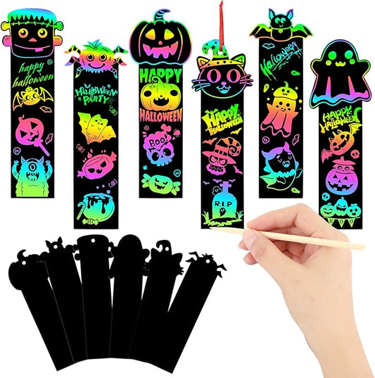 AUGSUN 96Pcs Halloween Scratch Bookmarks, Cute Pumpkin Bat Spider DIY Crafts Kit Rainbow Magic Scratch Paper Art School Classroom Activity Halloween Party Favors