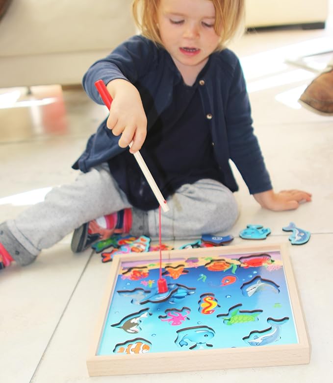 TOWO Wooden Fishing Game-Magnetic Fishing Puzzles with Numbers Jigsaw Puzzle- Sea Creatures Kids Fishing Game Educational Toys for 3 Years Old Math Toy Montessori Materials