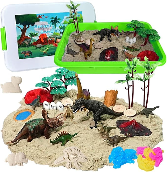 Dinosaur Sensory Bin Sandbox Toys, Dinosaur Play Sand Kit for Toddlers Kids Sensory Sand Toys, Sensory Bins for Toddlers 1-3-4, 2.2lbs of Magic Sand Dino Figures Sand Molds, Kids Gifts for Boys Girl