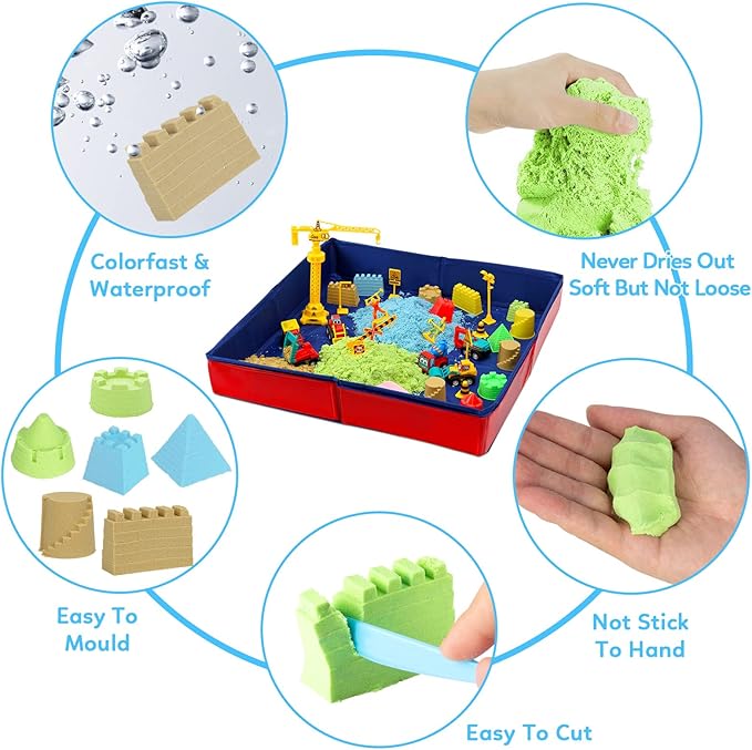 ThinkMax Sand Kit for Kids, 3lbs Sand, 6 Mini Construction Trucks, Construction Toys and Signs, Castle Sand Molds Tools, Foldable Box and Storage Bin Tote, 43PCS Sand Set for Boys Grils