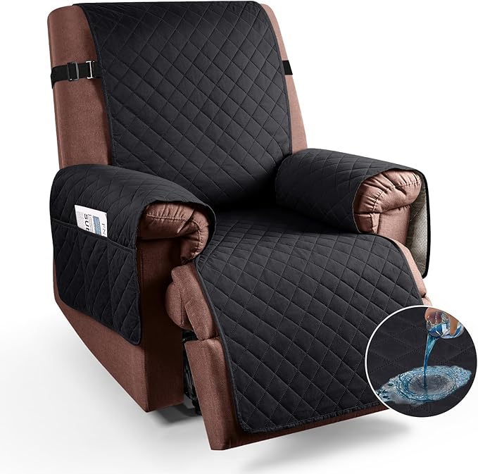 KinCam 100% Waterproof Recliner Chair Cover, Reclining Couch Covers for Pets, Dogs, Recliner Couch Slipcover Furniture Protector with Elastic Straps for Kids(30", Black)