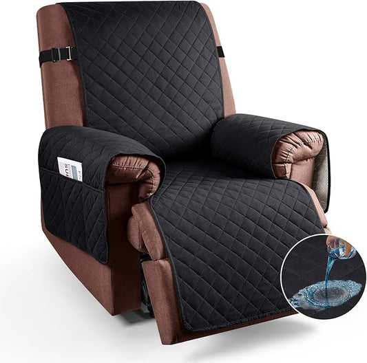 KinCam 100% Waterproof Recliner Chair Cover, Reclining Couch Covers for Pets, Dogs, Recliner Couch Slipcover Furniture Protector with Elastic Straps for Kids(30", Black)