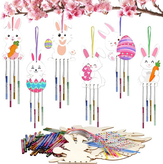 Fennoral 24 Pack Bunny Wind Chime Kit for Kids Make You Own Easter Rabbit Wind Chimes DIY Coloring Wooden Easter Craft for Girls Boys for Easter Hanging Ornaments Easter Party Decoration