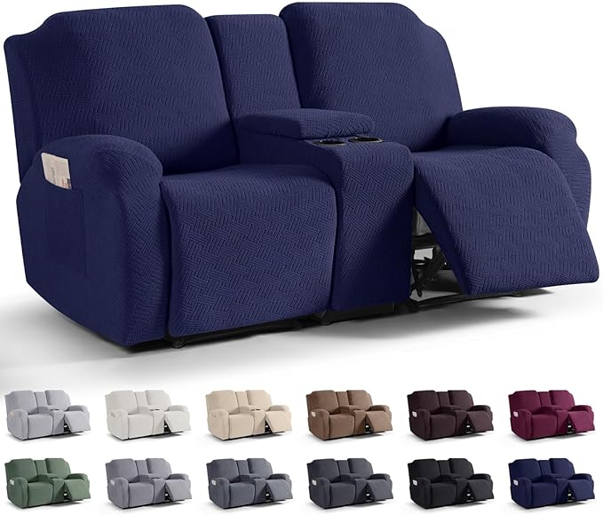 KinCam Loveseat Recliner Covers with Middle Console Slipcover, Recliner Sofa Covers 2 Seat Couch Cover Stripe Jacquard Furniture Protector Covers with Elastic Bottom for Kids, Pets (Dark Blue)