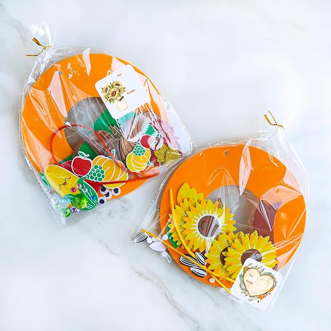 Winlyn 12 Sets Thanksgiving Wreath Signs Decorations Art Sets DIY Fall Thanksgiving Craft Kits Foam Sunflowers Maple Leaves Pumpkin Harvest Stickers for Kids Autumn Classroom Activities Party Favors
