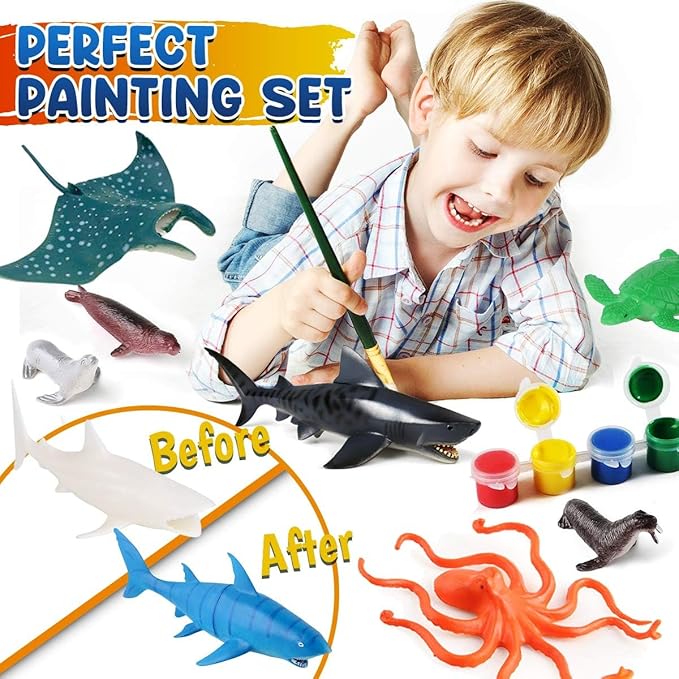FUNZBO Shark Toys Painting Kits for Kids Ages 4-8, Arts and Crafts for Kids with Art Supplies, Sea Animal Creatures Ocean Fish Toys for Toddlers Boys Girls Ages 3-12 Birthday Gift
