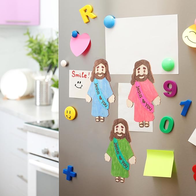 Blueweenly 24 Sets DIY Wood Jesus Figure Crafts Magnet for Kids Sunday School Vacation Bible School Craft Color Your Own Jesus Loves You Magnet with Magnets and Color Pens for Activity Easter