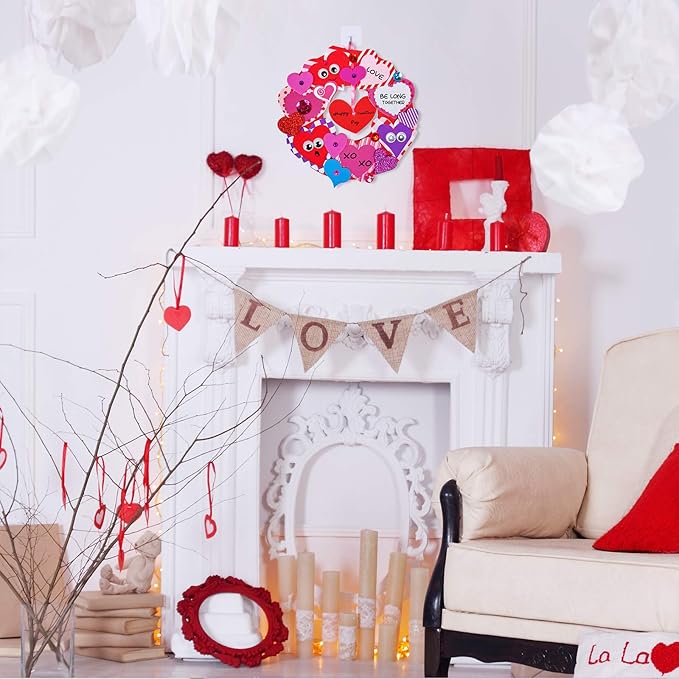 Winlyn 12 Sets Heart Wreath Ornaments Decorations Valentine Crafts Kits for Kids Classroom DIY Valentine's Day Heart Wreath Assorted Heart Cutouts Foam Stickers Googly Eyes Valentine Gift Exchange