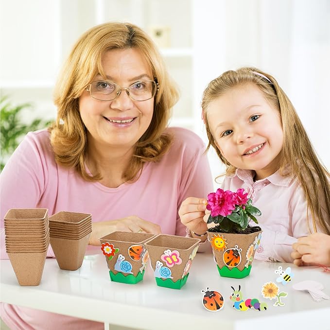 Ayfjovs Garden Paper Pot Craft Kit, 30 Pack Square Paper Peat Pots with 120 PCS Adhesive Foam Stickers and 30 PCS Plastic Plant Labels for Kids Science, Classroom Decoration