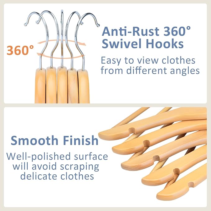 FairyHaus Kids Hangers 20 Pack 12.8 Inch, Natural Wooden Baby Hangers for Closet, Anti-Rust 360° Swivel Hook, Notches & Smooth Finish, Durable and Strong Childrens Hangers for Clothes