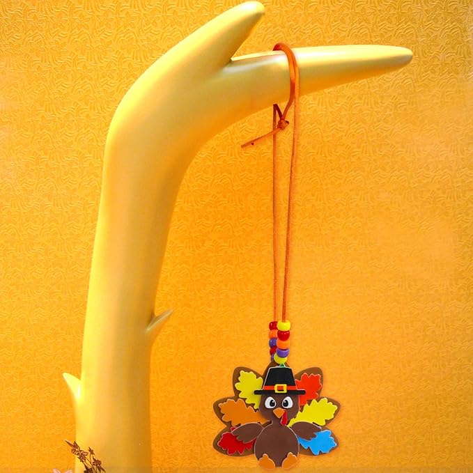 WorldBazaar Turkey Craft Kits For Kids 12 Pack Thanksgiving Turkey Necklace Crafts Bulk DIY Turkey kits Thanksgiving Party Activities Game