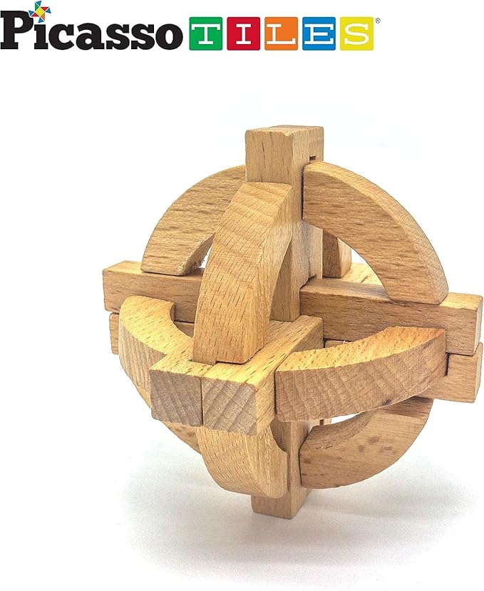 PicassoTiles 8 Styles Interlocking Sensory Toys Wooden Burr Cube, Ball and Barrels Logic Skill Genius Puzzle Brain Teaser Games & Intellectual 3D Assembling Educational Toy Set for Kids & Adults PTP08