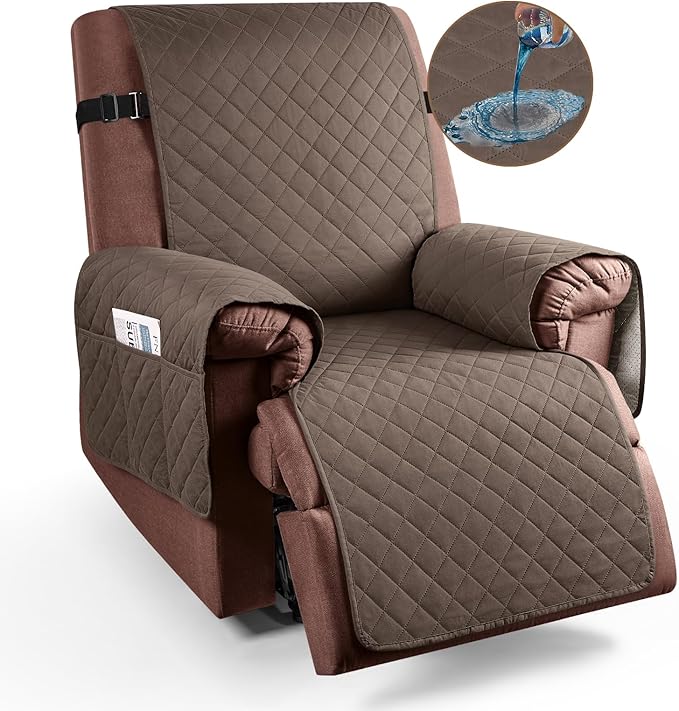 KinCam 100% Waterproof Recliner Chair Cover, Reclining Couch Covers for Pets, Dogs, Recliner Couch Slipcover Furniture Protector with Elastic Straps for Kids(28", Brown)