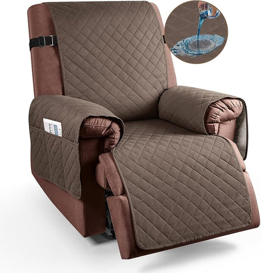 KinCam 100% Waterproof Recliner Chair Cover, Reclining Couch Covers for Pets, Dogs, Recliner Couch Slipcover Furniture Protector with Elastic Straps for Kids(28", Brown)