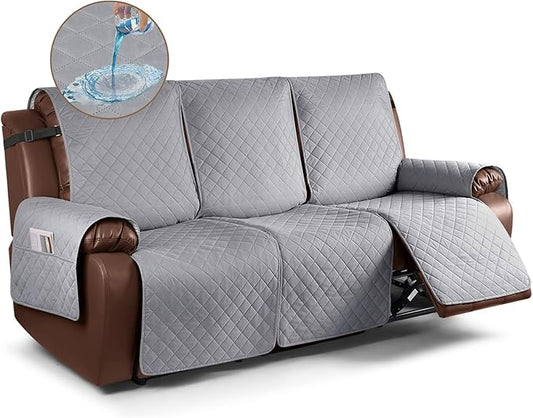 KinCam 100% Waterproof Recliner Sofa Covers, Non-Slip Reclining Couch Covers for 3 Seat, Recliner Couch Cover Furniture Protector with Elastic Straps for Pets, Kids, Light Gray